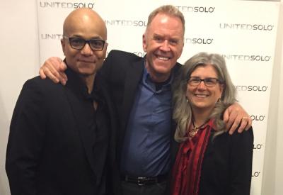 Risa Brainin with Bob Stromberg, writer/director, and Omar Sangare, the Artistic Director of the United Solo Festival (from right to left)